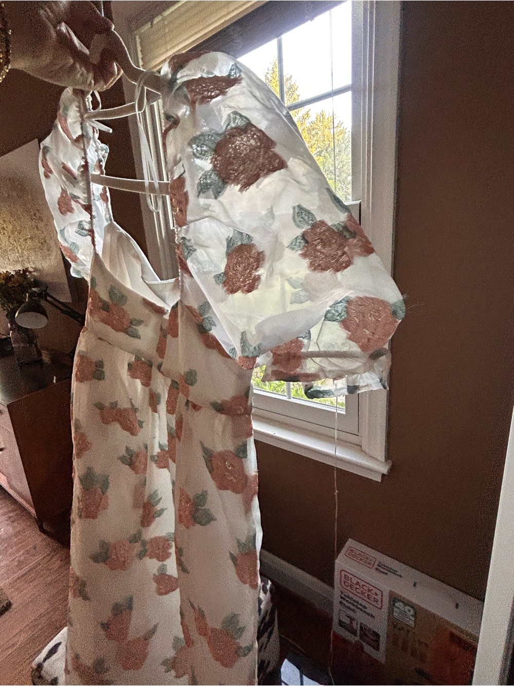 Altar'd State White Mini Dress with Rust Floral Appliqués and Sage Leaves, - Picture 7 of 11